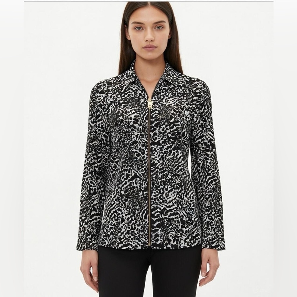 Michael Kors Animal Print Zip Front‎ blouse Lightweight White Black Size P